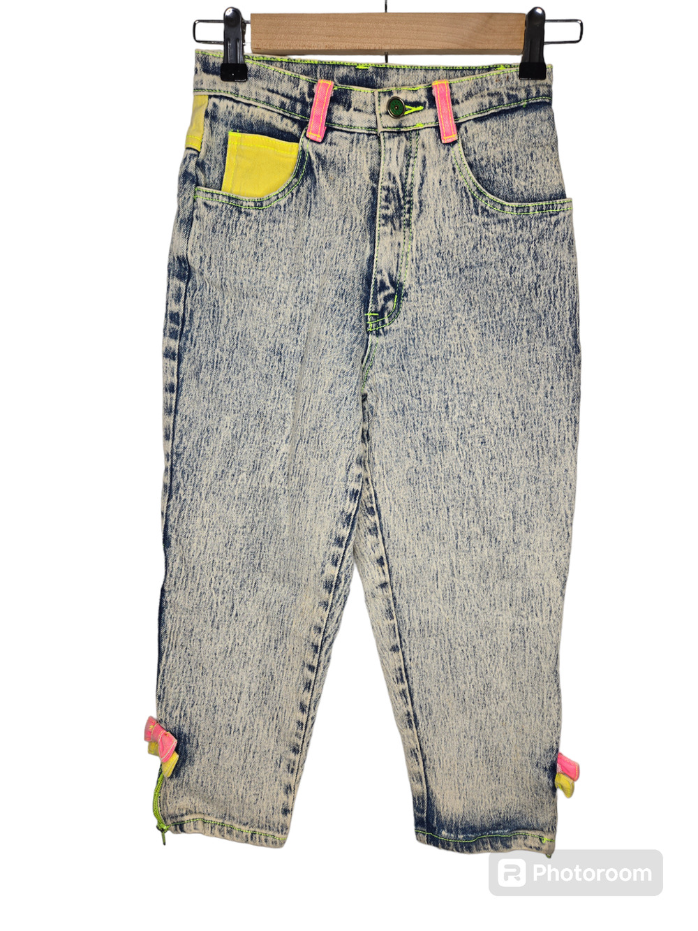 Deadstock 1980's stonewash Kids Capri Jeans Seruchi color block bows Size 5/6